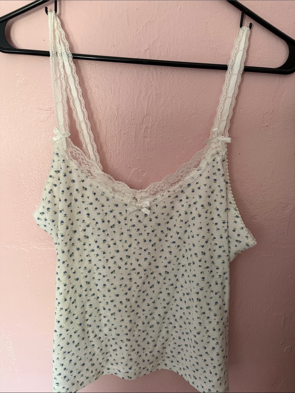 Lace-Trim Floral Cami Tank Top - White with Blue Floral